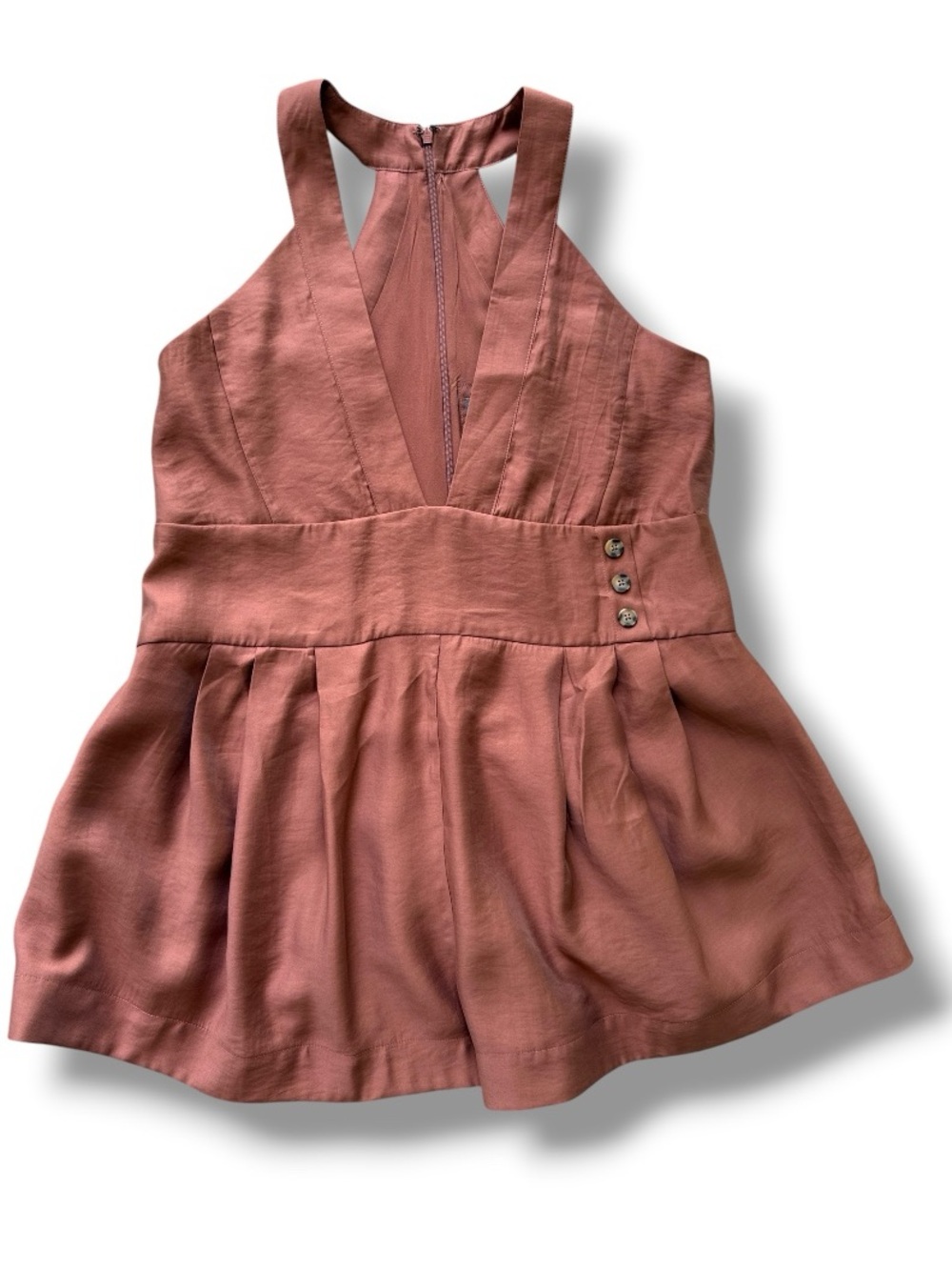 By Anthropologie Silky Brown V-Neck Pinafore Romper Size Small - Picture 2 of 13